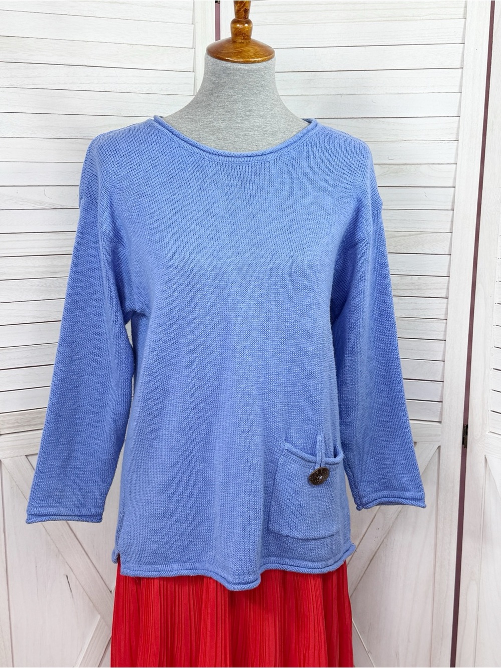 Lulu B Slub Knit Rolled Hem Pocket Crew Neck Sweater Blue Small Fisherman Prep
